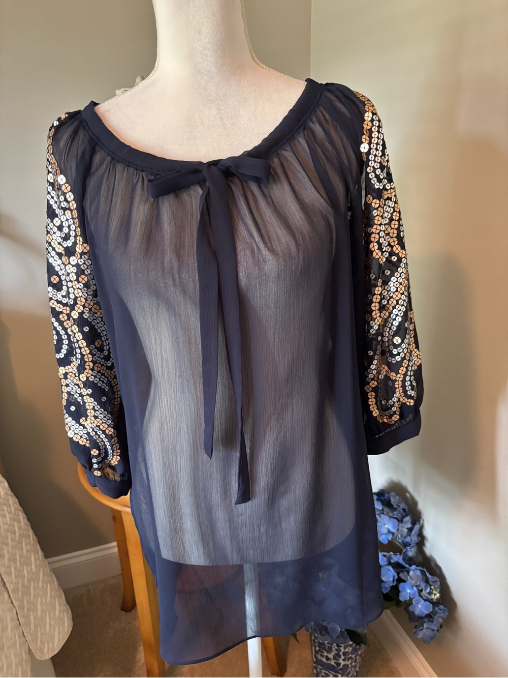 INC International Concepts Navy Sheer Tie-Neck Blouse with Sequin Sleeves